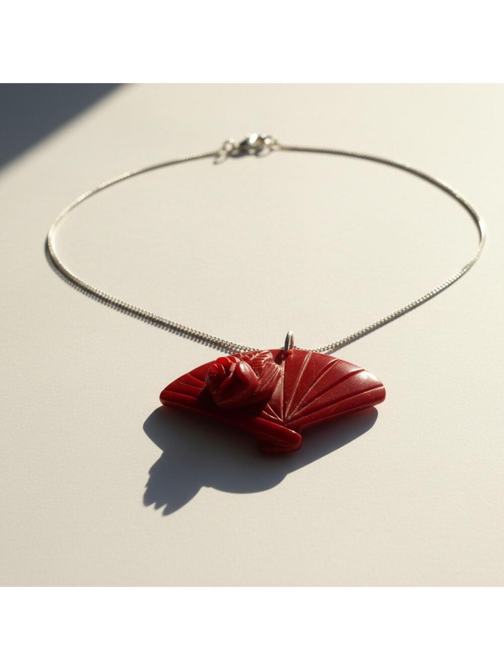 16-18" Vintage Carved Red Coral Fan Pendant Necklace